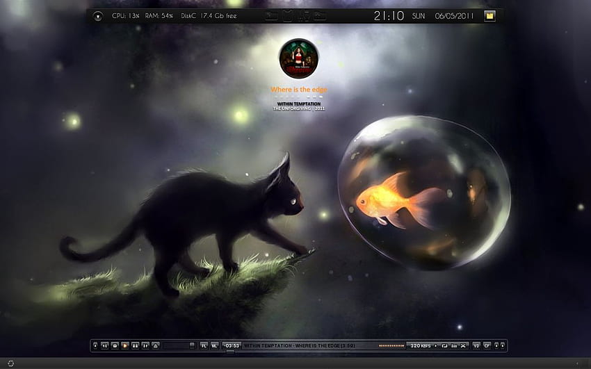 It's Mine, night, airbubble, black, abstract, animals, cat, fish, orange HD wallpaper