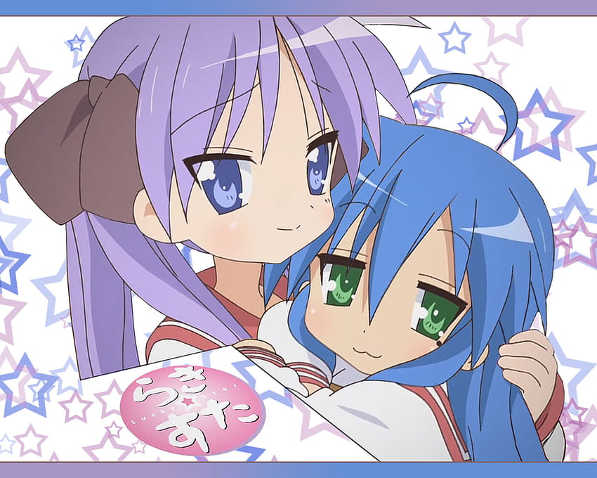 Lucky Star Konata dan Kagami, bintang keberuntungan, rambut ungu, rambut biru, rambut panjang, ekor kembar, kagami, pelukan, konata, seragam sekolah, mata hijau, mata biru imut Wallpaper HD