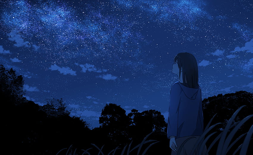 มองขึ้นไปบนท้องฟ้ายามค่ำคืนที่เต็มไปด้วยดวงดาว Starry Night Anime วอลล์เปเปอร์ HD