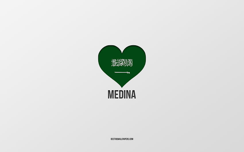メディナが大好き、サウジアラビアの都市、メディナの日、サウジアラビア、メディナ、灰色の背景、サウジアラビアの国旗のハート、メディナが大好き 高画質の壁紙