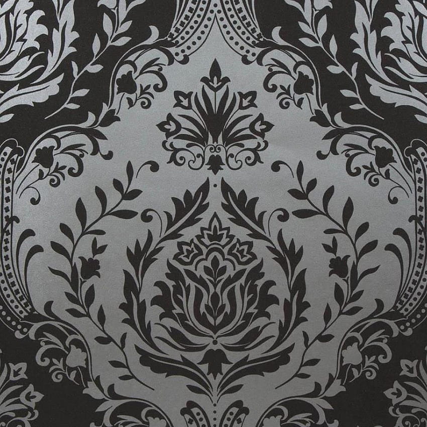 Berkeley Damask Silver Black Charcoal Glitter Flower Embossed Textured 3663602007135, Black and White Damask HD phone wallpaper