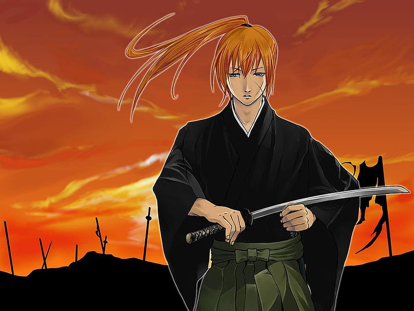 Himura Kenshin, kenshin, orange hair, long hair, scabbard, samurai x, silhouette, sunset, blue eyes, weapons, rurouni kenshin, swords, anime, samurai, kenshin himura, scar, katana HD wallpaper