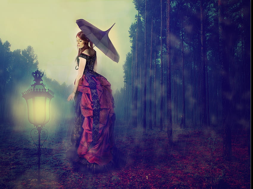 One Dreamy Night, night, umbrella, lady, rain, dreamy HD wallpaper