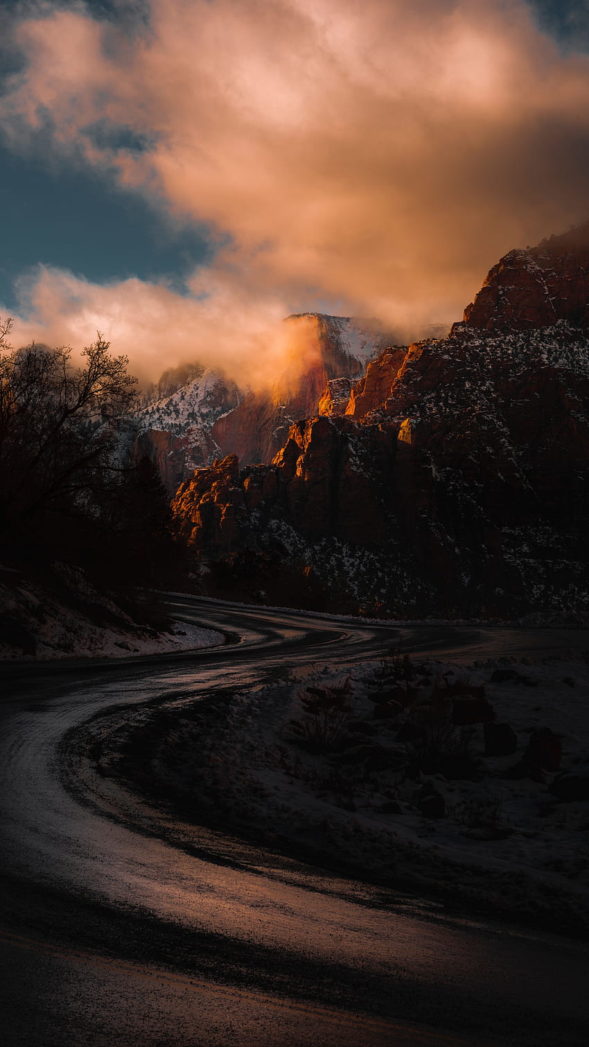 Natur, Sonnenuntergang, Gebirge, USA, Straße, Biegung, Zion-Nationalpark, Nationalpark der Stadt, Vereinigte Staaten HD-Handy-Hintergrundbild