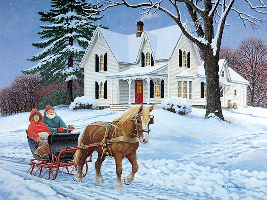 musim dingin, karya seni, salju, alam, lukisan Wallpaper HD