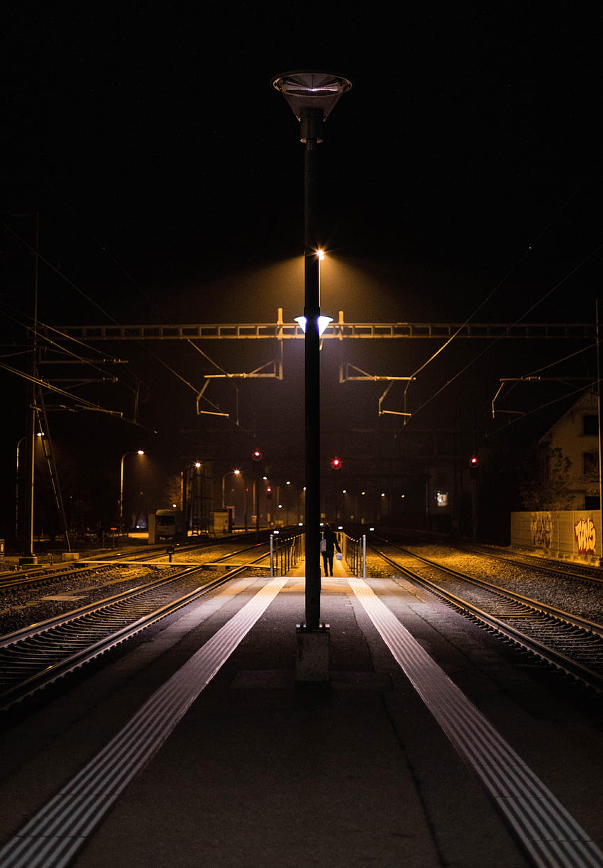 Nacht, Dunkel, Schein, Licht, Laterne, Lampe, Säule, Post, Eisenbahn, Bahnhof HD-Handy-Hintergrundbild