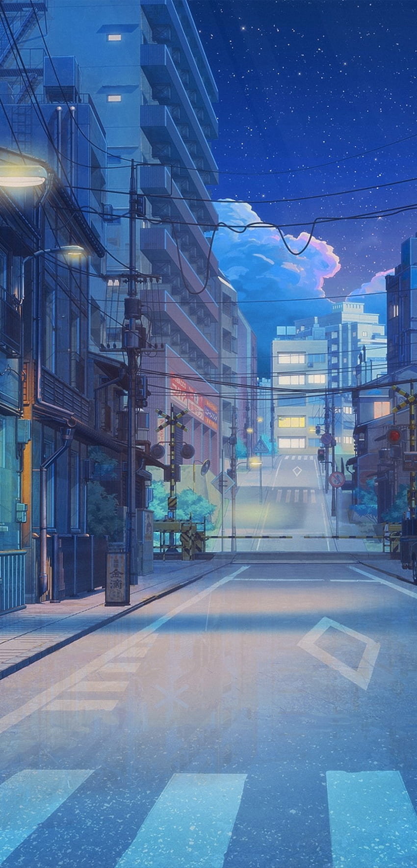 Anime Street, Road, Buildings, Scenery, Night, Stars para Xiaomi Mi 8 Pro, Anime Street Night fondo de pantalla del teléfono