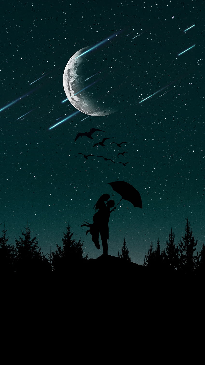 Çift, Siluetler, Yıldızlı Gökyüzü, Aşk, Şemsiye - Romantik Ay Ve Yıldızlar, Moon Romance HD telefon duvar kağıdı