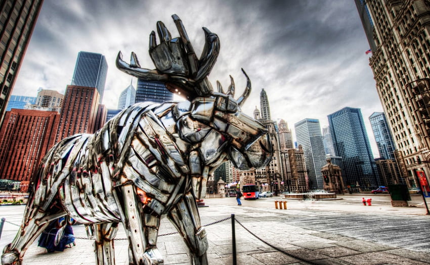 escultura de alce de acero inoxidable r, alce, ciudad, metal, r, cuadrado fondo de pantalla