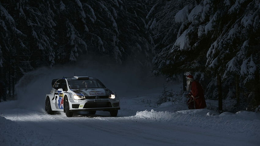 nieve, árboles, noche, Papá Noel, carreras, coches de rally, faros, Volkswagen Polo R WRC fondo de pantalla