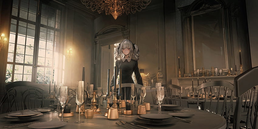 Anime Girl, Room, Grey Hair, Dining Table, Gothic, Twintails - Resolution:, Gothic Room HD-Hintergrundbild