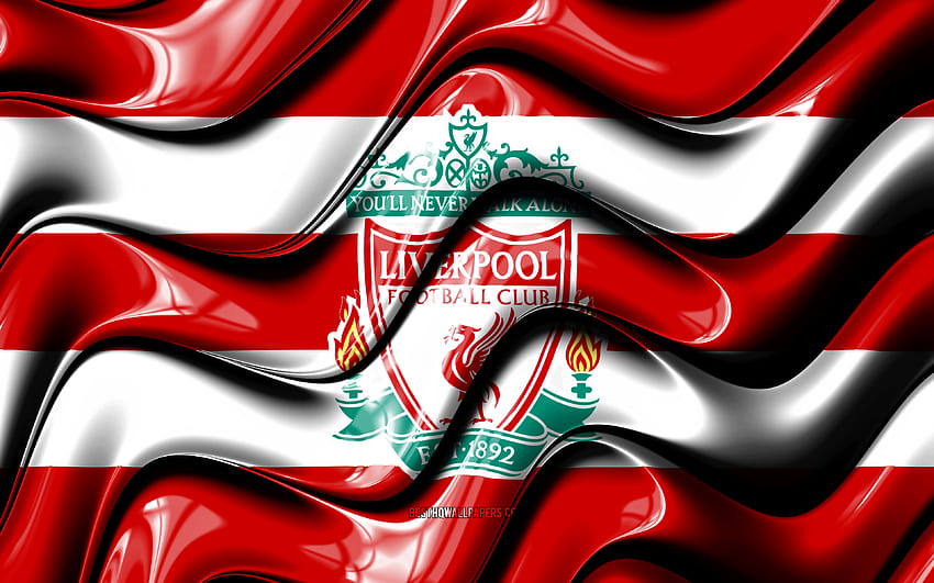 Bandiera del Liverpool FC, onde rosse e bianche 3D, Premier League, squadra di calcio inglese, calcio, logo Liverpool, Liverpool FC, calcio Sfondo HD