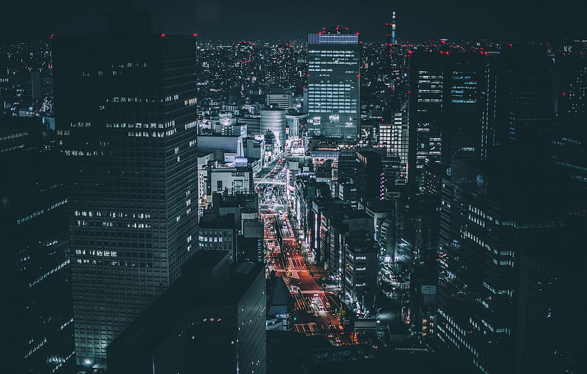 Road, night, the city, lights, building, home, skyscrapers, Japan ...