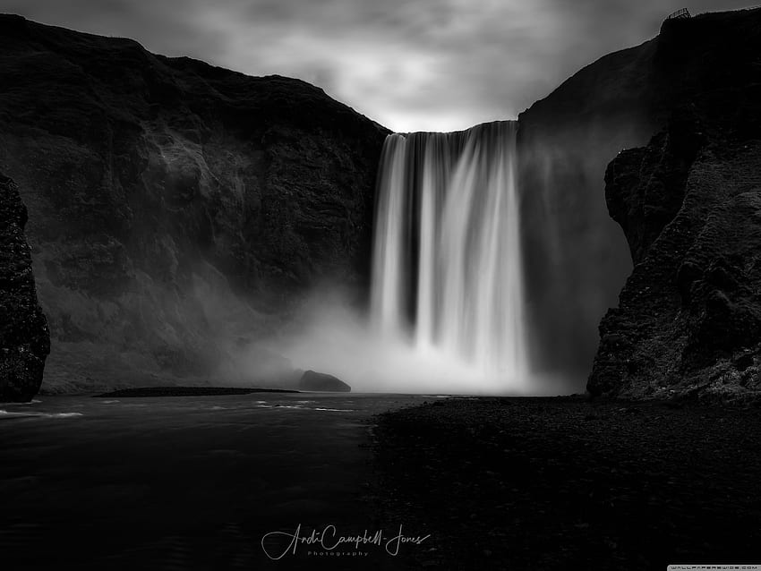 Beautiful Skogafoss Waterfall, Iceland, Black and White Ultra HD wallpaper