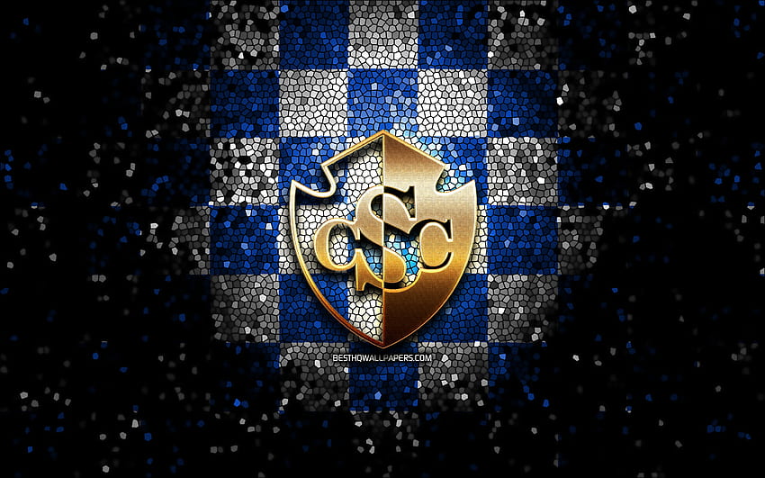 CS Cartagines, glitter logo, Liga FPD, blue white checkered background, soccer, Costa Rican football club, Cartagines FC logo, mosaic art, football, Cartagines FC HD wallpaper