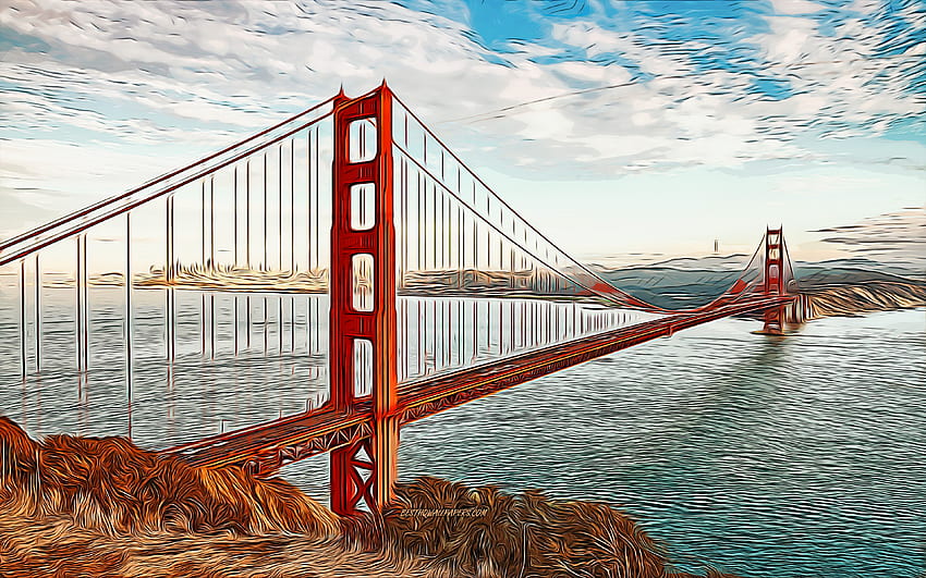 Golden Gate Bridge, , abstract citiscapes, vector art, american landmarks, creative, american tourist attractions, Golden Gate Bridge drawing, San Francisco, USA, America HD wallpaper