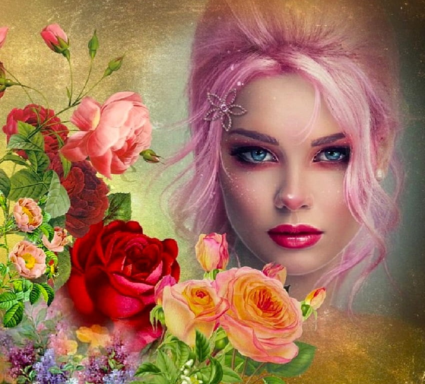 Piękno i róże, róże, sztuka, dziewczyna, piękne, różowe włosy, kobieta, cyfrowe, fantasy, ładne Tapeta HD