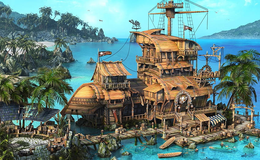 Haus, Fantasie, Palmen, Meer, Insel, Schiff HD-Hintergrundbild