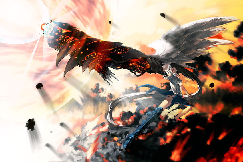 Bird Of The Basket, wings, chaos flare, anime, bird, reiuji utsuho, touhou, redalice HD wallpaper