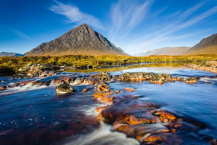 Natura, rzeki, kamienie, niebo, góry, przepływ, Szkocja Tapeta HD