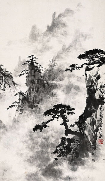 Green and black traditional chinese ink wallpaper. 4K painting