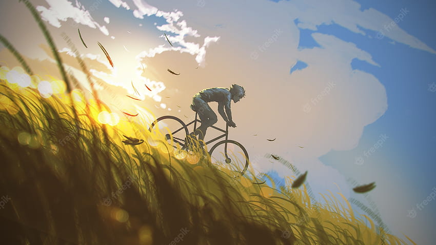 De primera calidad . Un hombre montando una bicicleta cuesta abajo, estilo de arte digital, pintura de ilustración, Arte de bicicleta de montaña fondo de pantalla