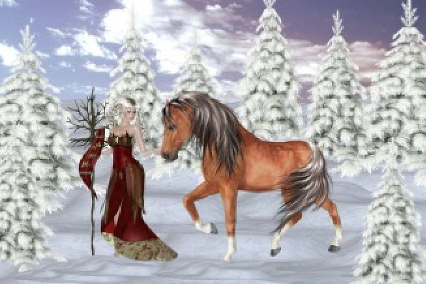 冬の散歩、冬、妖精、馬、魔法、ファンタジー、魔法、雪、エルフ 高画質の壁紙