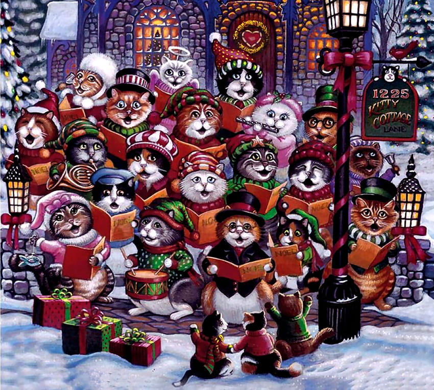 Purrfect Harmony - Kucing F, musim dingin, Desember, seni, kucing, licik, cantik, ilustrasi, karya seni, pemandangan, kesempatan, layar lebar, liburan, lukisan, Natal, salju, hewan peliharaan Wallpaper HD