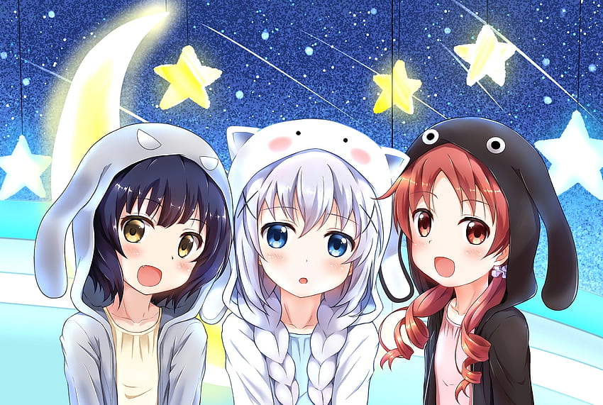 anime Girls, Anime, Gochuumon Wa Usagi Desu Ka, Jouga Maya, Kafuu Chino, Natsu Megumi, Hoods, Braids / and Mobile Background HD wallpaper