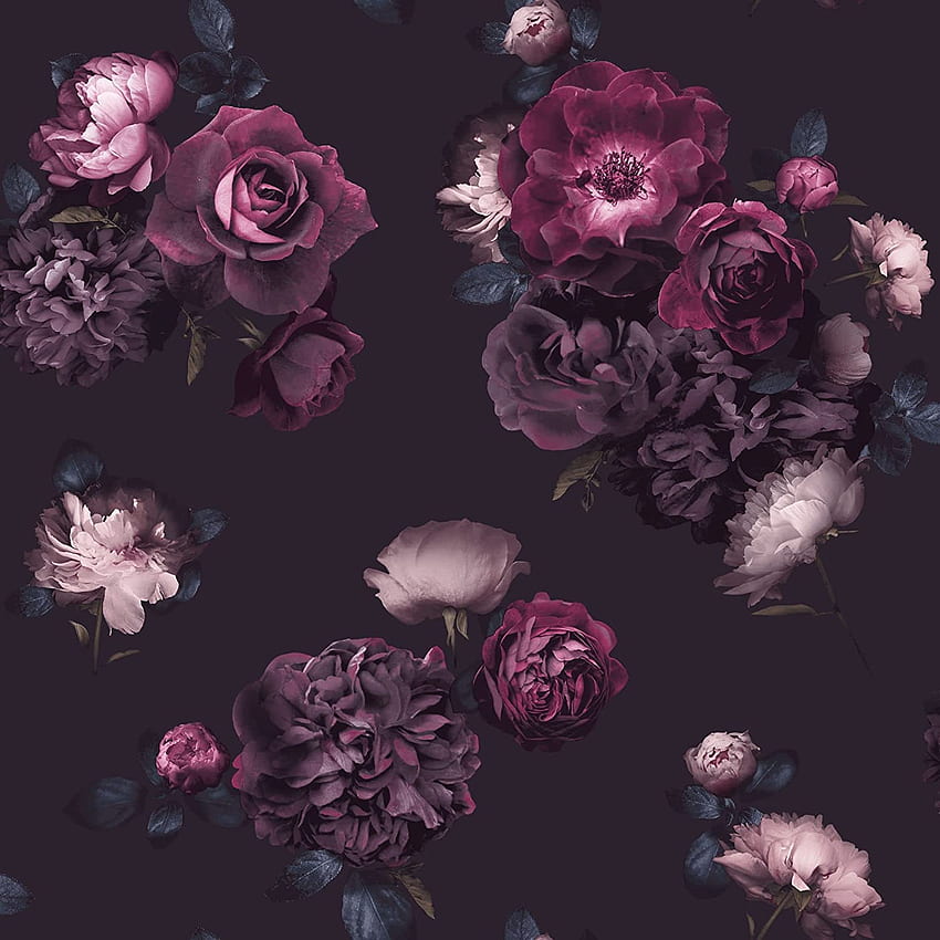 Arthouse Euphoria Purple Plum Floral Dark Dramatic Tones Scattered With Opulent Peonies & Roses On A Dark, Moody Background Eye Catching & Fresh 32.8 Feet Long, Dark Moody HD phone wallpaper