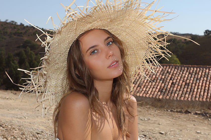 Katya Clover, ao ar livre, modelo, chapéu, morena papel de parede HD