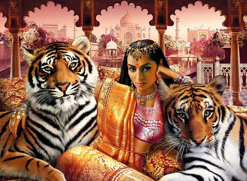 インドの王女、ファンタジー、宮殿、花、王女、虎、インド人、女性 高画質の壁紙