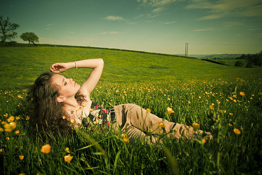 In the meadows......, thinking, meadow, girl, lovely, flowery HD wallpaper