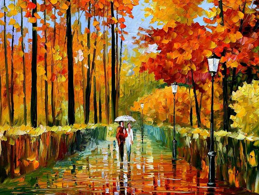 Cuadro lluvia de otoño. : Pinturas al Óleo de Otoño. Óleo, Pintura sobre Lienzo fondo de pantalla