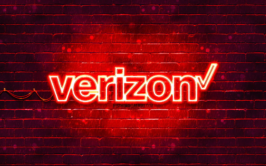 Verizon red logo, , red brickwall, Verizon logo, brands, Verizon neon logo, Verizon HD wallpaper