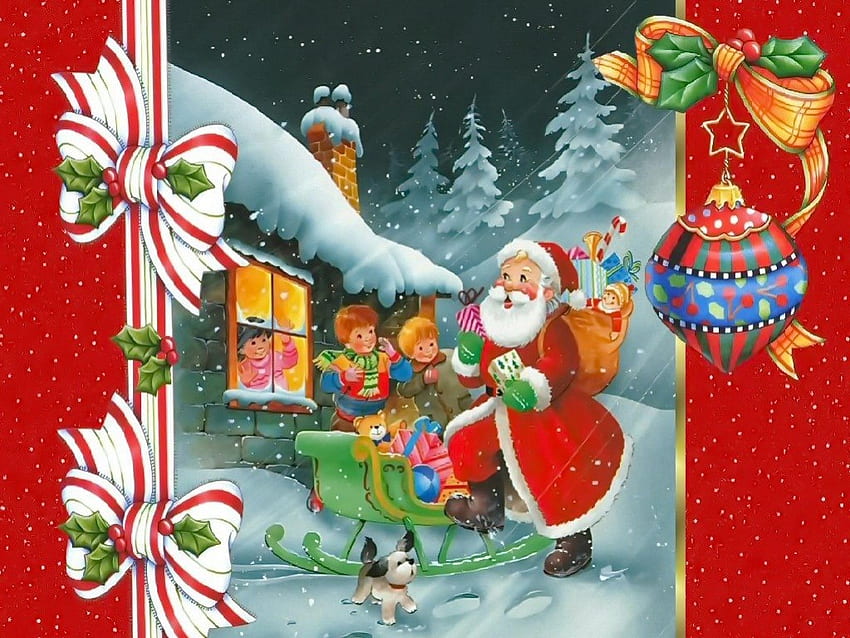 Der Weihnachtsmann bringt Freude für Kinder, Winter, bunt, Spaß, Schneeflocken, Urlaub, Schnee, Bäume, Fahrt, Neujahr, bringen, Kinder, Band, Haus, Kinder, Vorabend, Geschenke, Bälle, Weihnachtsmann, Baum, Kabine, Schlitten, dekoration, geschenke, weihnachten, lichter, noel, hirsche, hütte, freude, abend, dorf, zuhause HD-Hintergrundbild