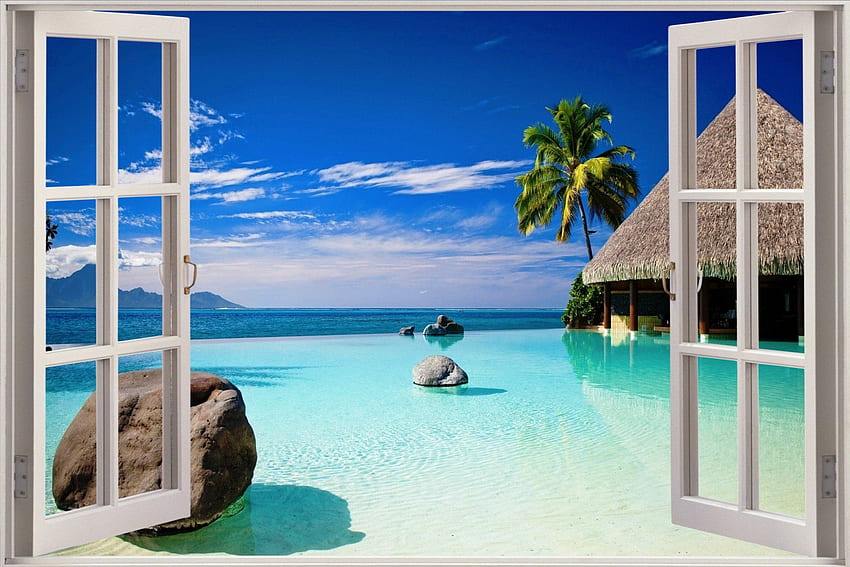 3D Fenster Exotic Ocean Beach View Wandaufkleber Film HD-Hintergrundbild