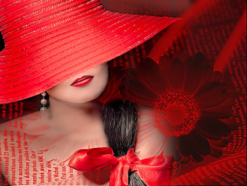 Red Hat, hermosa, agradable, mujer, bonita, roja, labios, romántica, ella, hembra fondo de pantalla