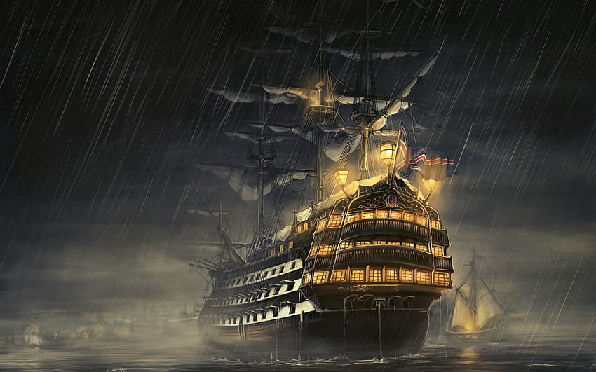 Kapal, Laut, Fantasi, Hujan, Kilau, Cahaya Wallpaper HD