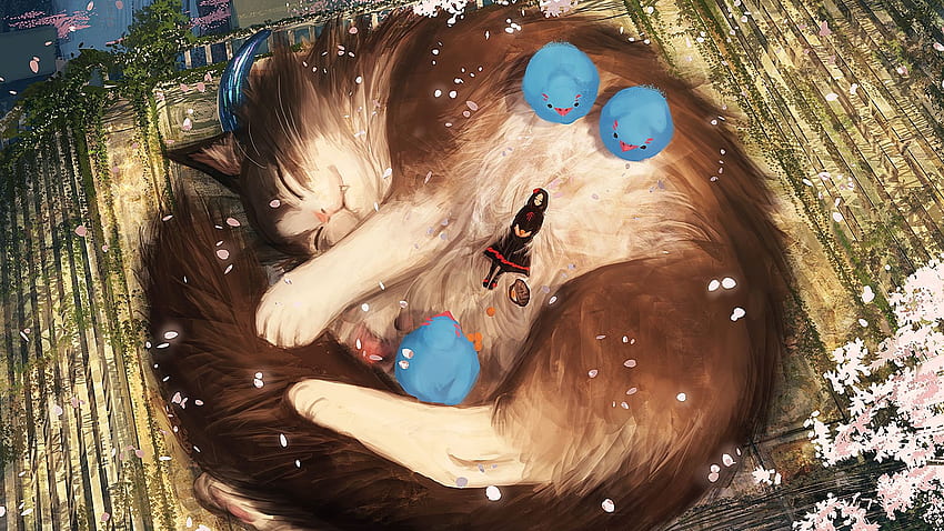 Kucing Besar, Gadis Anime Tidur, , , Latar Belakang, Lv Etq, Anime Mengantuk Wallpaper HD