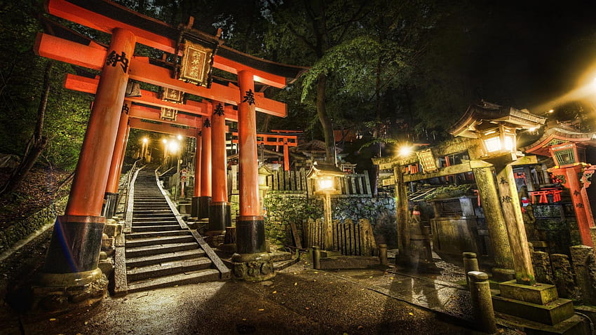 Japan night stairways shrine torii gate HD wallpaper