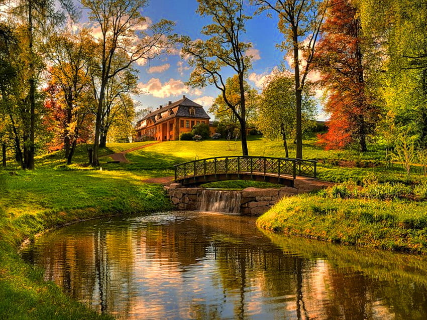 Есенен пейзаж, къща, есен, пейзаж, цветове, есен, вода HD тапет