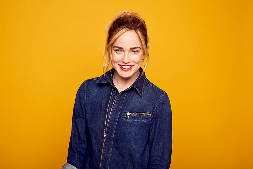 Red lips, Caity Lotz, smile, Jeans shirt HD wallpaper