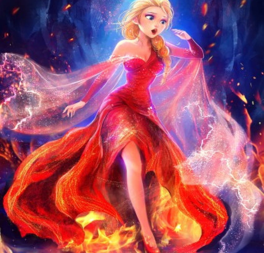 Elsa in fire, blue, flames, cute, sparkles, long hair, dress, lady, heels, blonde hair, cartton, female, sweet, art, orange, woman, anime, pretty, Frozen, red, movies, princess, fire, lovely HD wallpaper