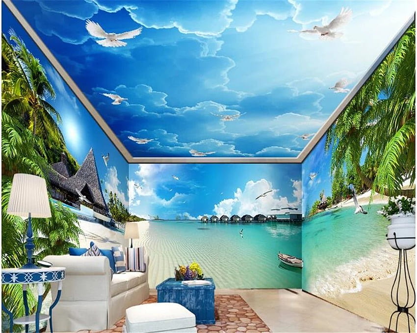 beibehang Усъвършенствана естетична триизмерна а лазурно синьо морско крайбрежие плаж пълна къща фон стенопис 3D. . - AliExpress HD тапет