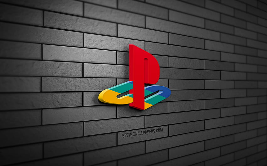 Playstation 3D logo, , gray brickwall, creative, brands, Playstation logo, 3D art, Playstation HD wallpaper