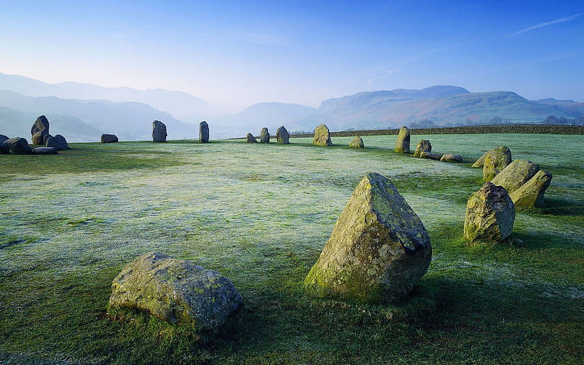 mountains, clouds, England, rock, fields, stones, moss, Cumbria HD wallpaper