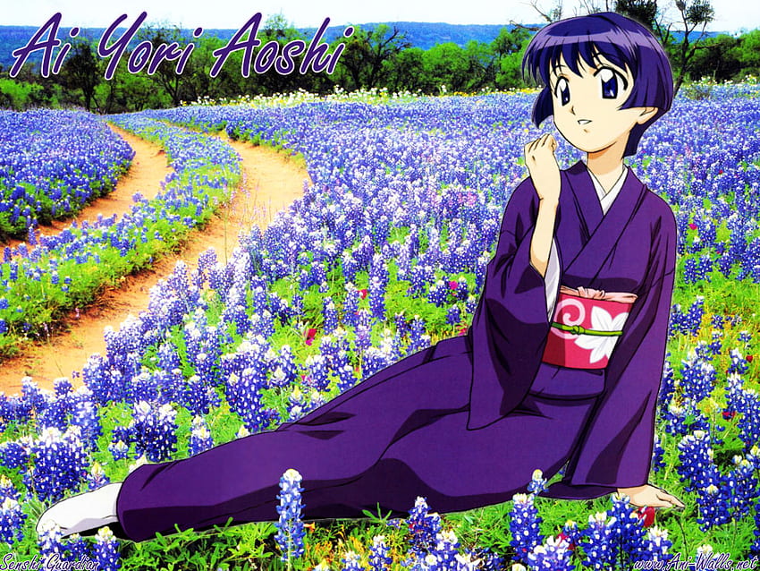 Ai-Yori-Aoshi-bleu-Indigo, blue, grass, tree, indigo, bleach, anime, violet, green, ai yori aoshi, girls, flowers, sky HD wallpaper