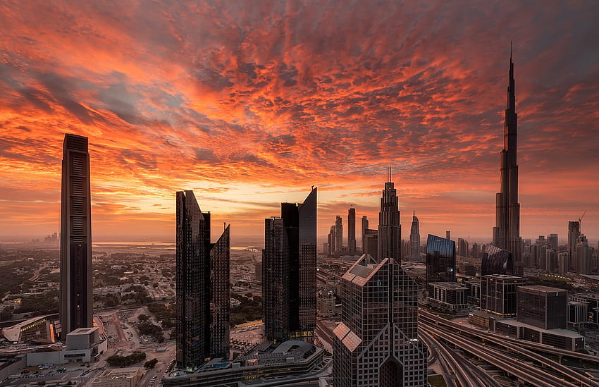 Paesaggio urbano, città, Dubai, tramonto Sfondo HD