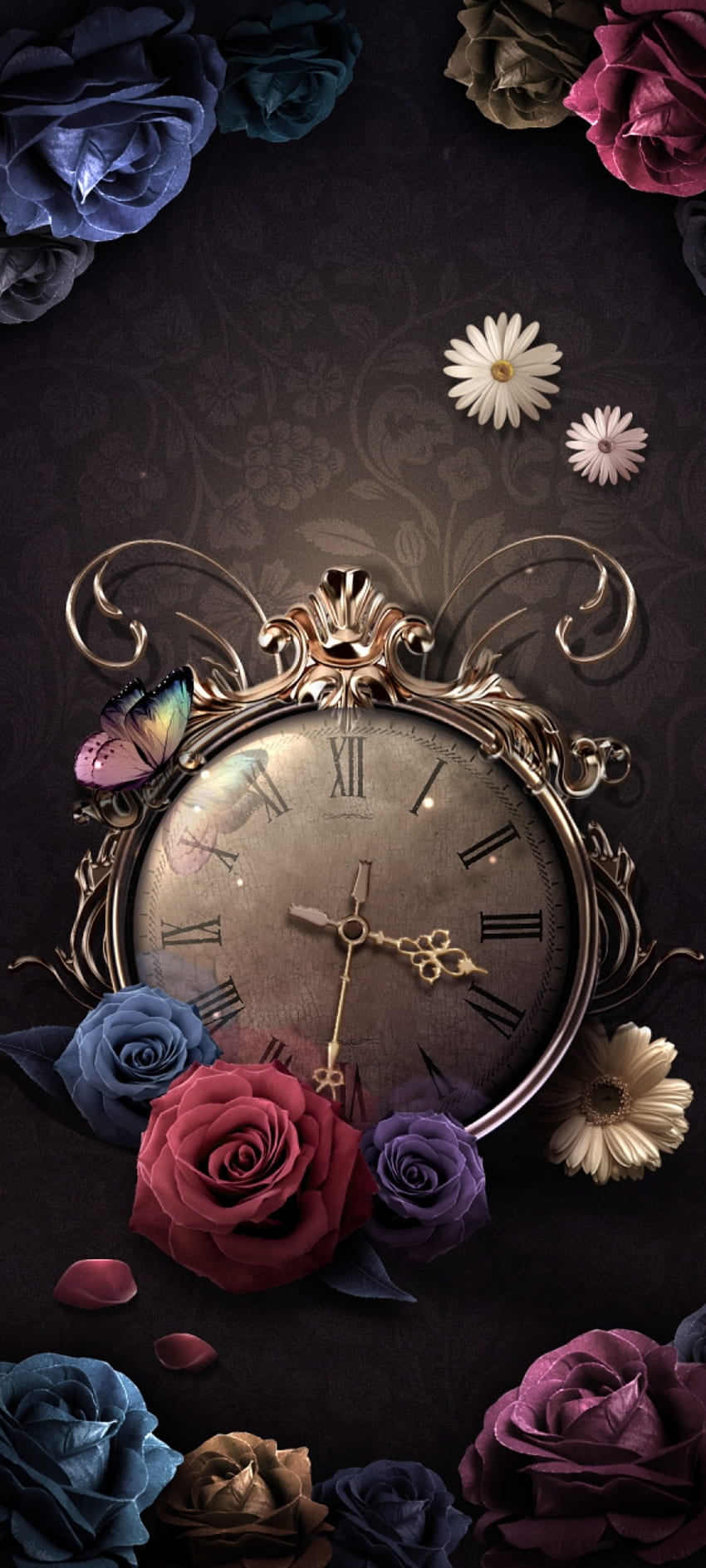 Premium Vintage Clock, art, flowers, hybrid_tea_rose HD phone wallpaper ...